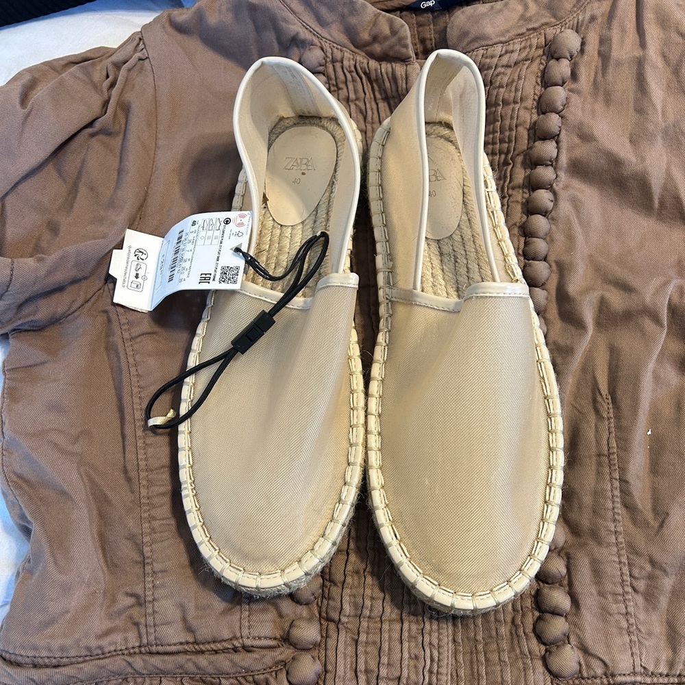 New Zara Mesh Cream Espadrille Flats Sz 9